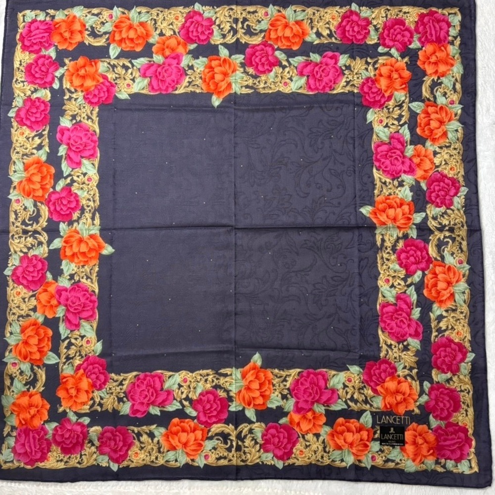 Vtg LANCETTI Scarf Handkerchief Floral Rose Cotton Navy Blue 20.5"